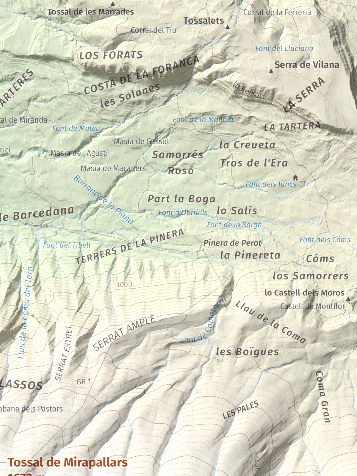 Mapa de relieve de Tossal de Mirapallars, 1672 m, Noguera · Pallars Jussà, lámina 100 Cims de Trobart. Detalle de la zona superior derecha. 30 × 40 cm.