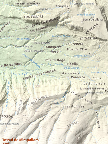 Mapa de relieve de Tossal de Mirapallars, 1672 m, Noguera · Pallars Jussà, lámina 100 Cims de Trobart. Detalle de la zona superior derecha. 30 × 40 cm.