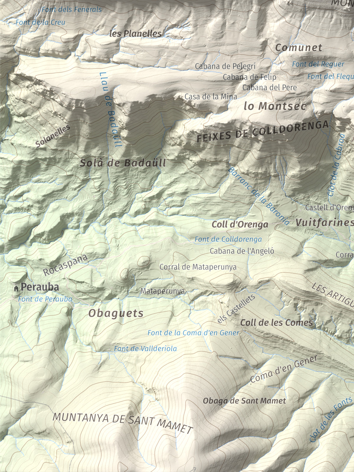 Mapa de relieve de Tossal de Mirapallars, 1672 m, Noguera · Pallars Jussà, lámina 100 Cims de Trobart. Detalle de la zona inferior izquierda. 30 × 40 cm.