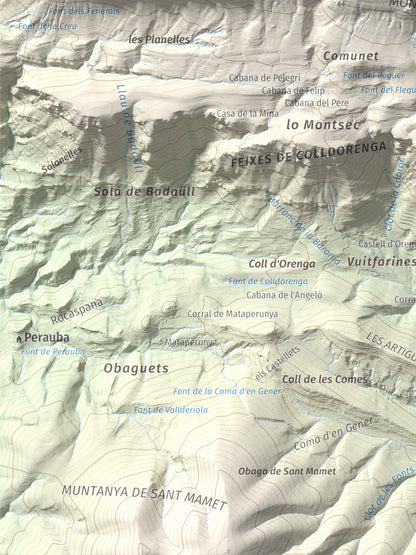Mapa de relieve de Tossal de Mirapallars, 1672 m, Noguera · Pallars Jussà, lámina 100 Cims de Trobart. Detalle de la zona inferior izquierda. 30 × 40 cm.
