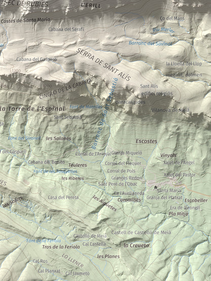 Mapa de relieve de Tossal de Mirapallars, 1672 m, Noguera · Pallars Jussà, lámina 100 Cims de Trobart. Detalle de la zona inferior derecha. 30 × 40 cm.