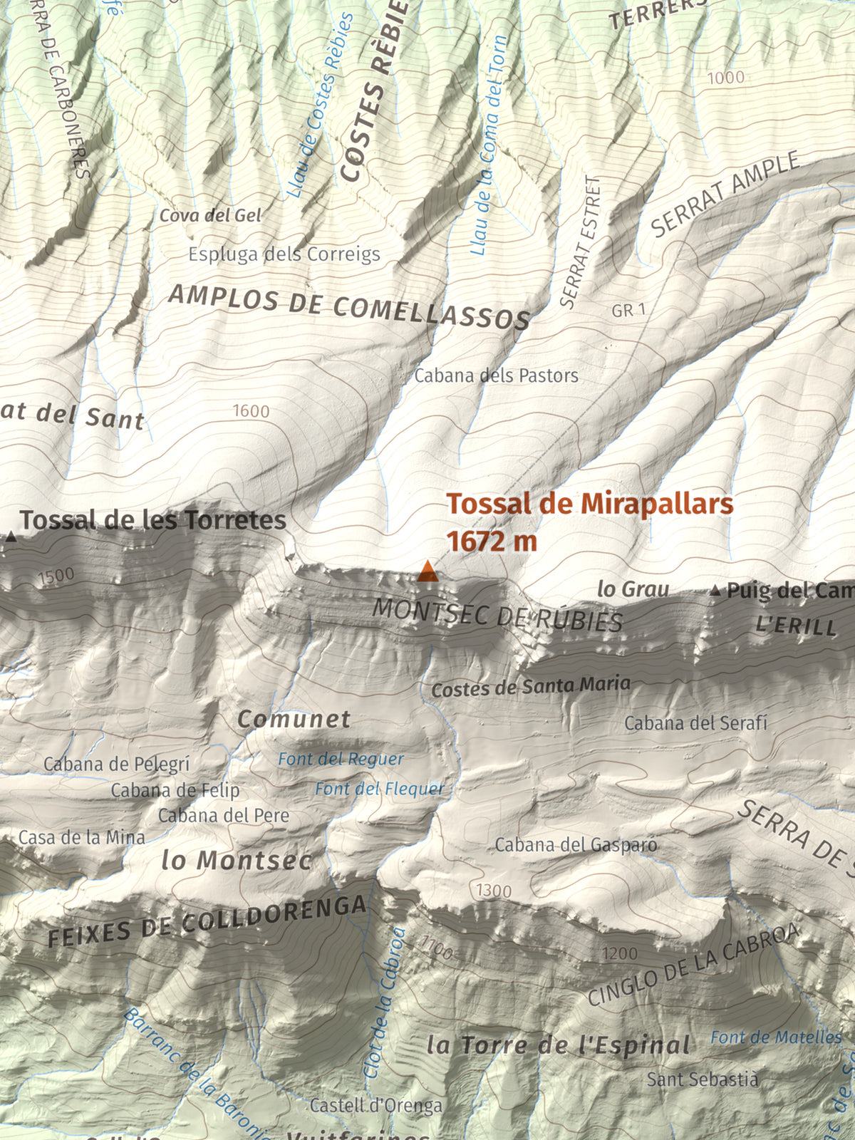 Mapa de relieve de Tossal de Mirapallars, 1672 m, Noguera · Pallars Jussà, lámina 100 Cims de Trobart. Detalle de la zona central. 30 × 40 cm.