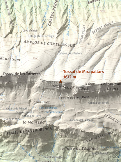 Mapa de relieve de Tossal de Mirapallars, 1672 m, Noguera · Pallars Jussà, lámina 100 Cims de Trobart. Detalle de la zona central. 30 × 40 cm.