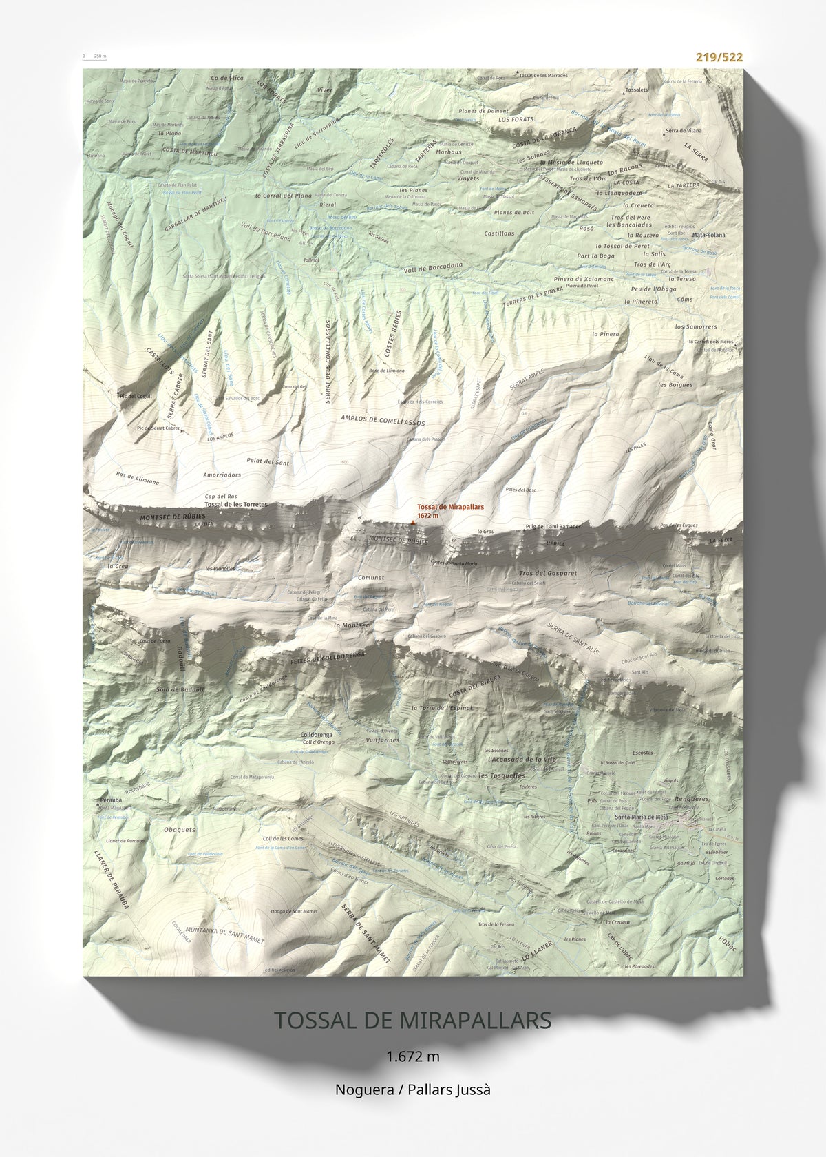 Mapa de relieve de Tossal de Mirapallars, 1672 m, Noguera · Pallars Jussà, lámina 100 Cims de Trobart 50 × 70 cm.