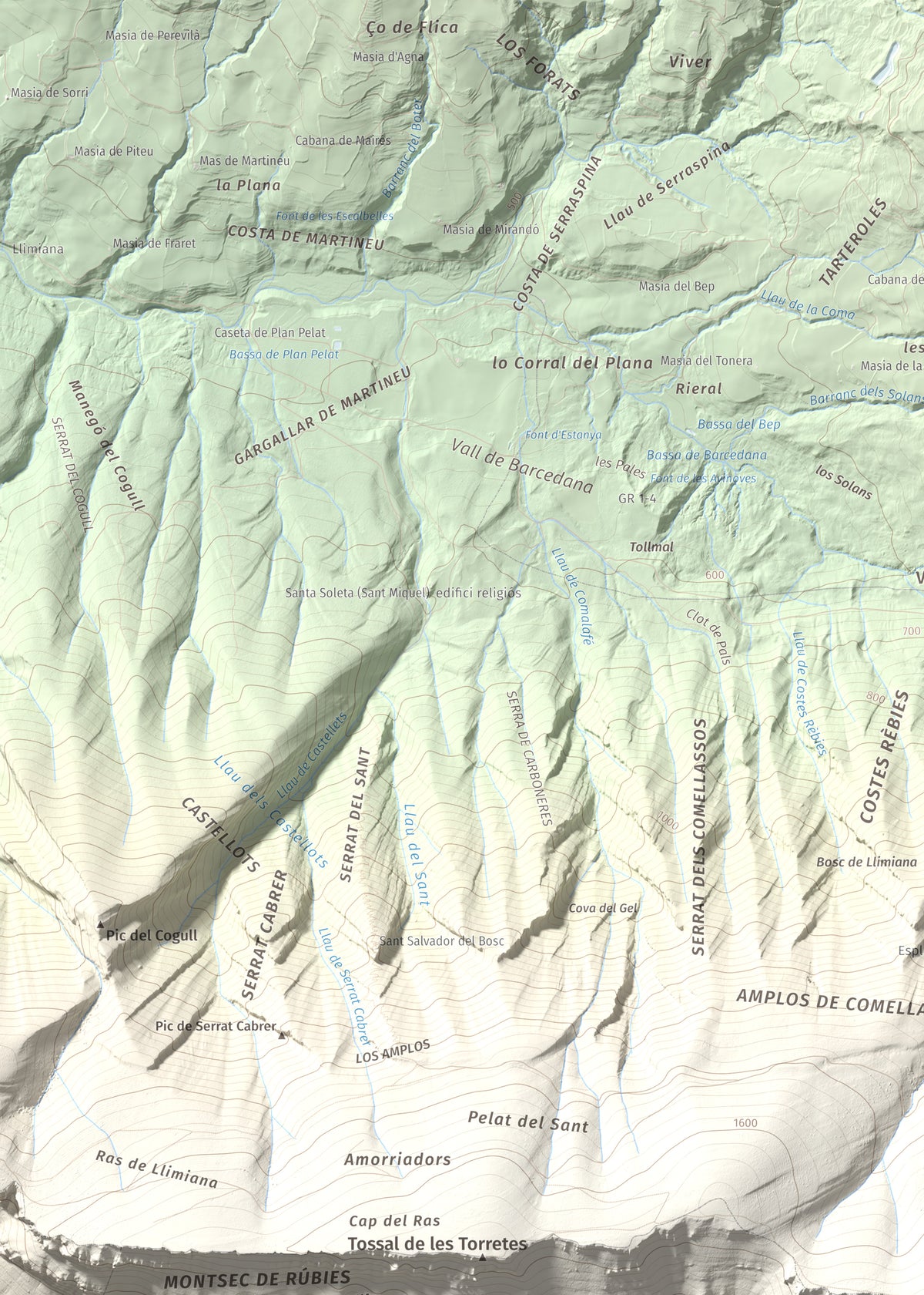Mapa de relieve de Tossal de Mirapallars, 1672 m, Noguera · Pallars Jussà, lámina 100 Cims de Trobart. Detalle de la zona superior izquierda. 50 × 70 cm.