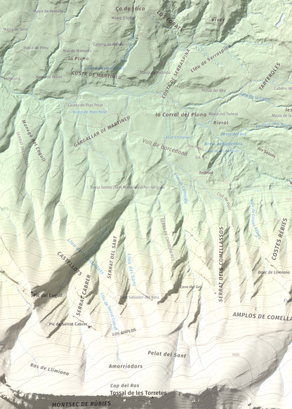 Mapa de relieve de Tossal de Mirapallars, 1672 m, Noguera · Pallars Jussà, lámina 100 Cims de Trobart. Detalle de la zona superior izquierda. 50 × 70 cm.