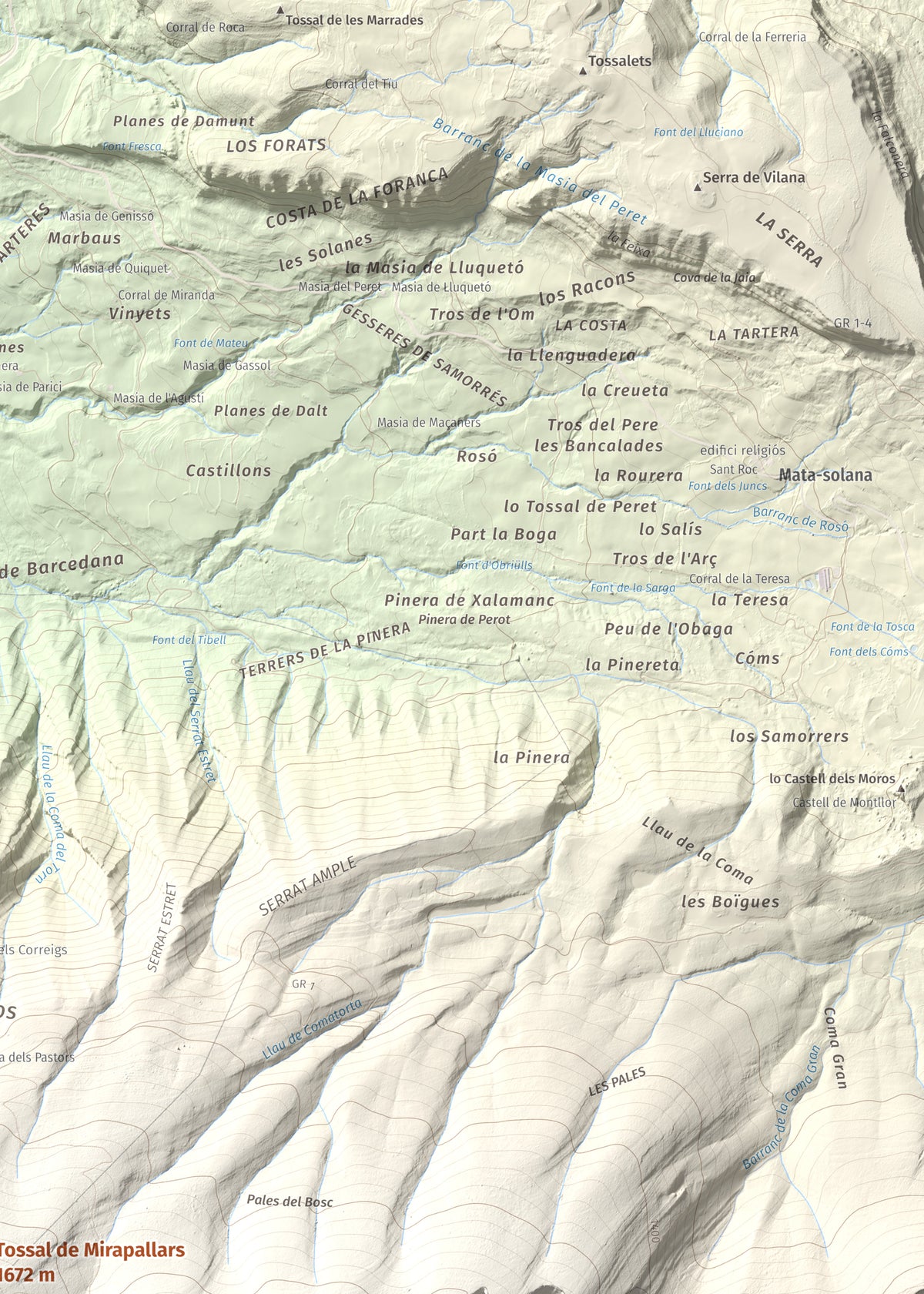 Mapa de relieve de Tossal de Mirapallars, 1672 m, Noguera · Pallars Jussà, lámina 100 Cims de Trobart. Detalle de la zona superior derecha. 50 × 70 cm.