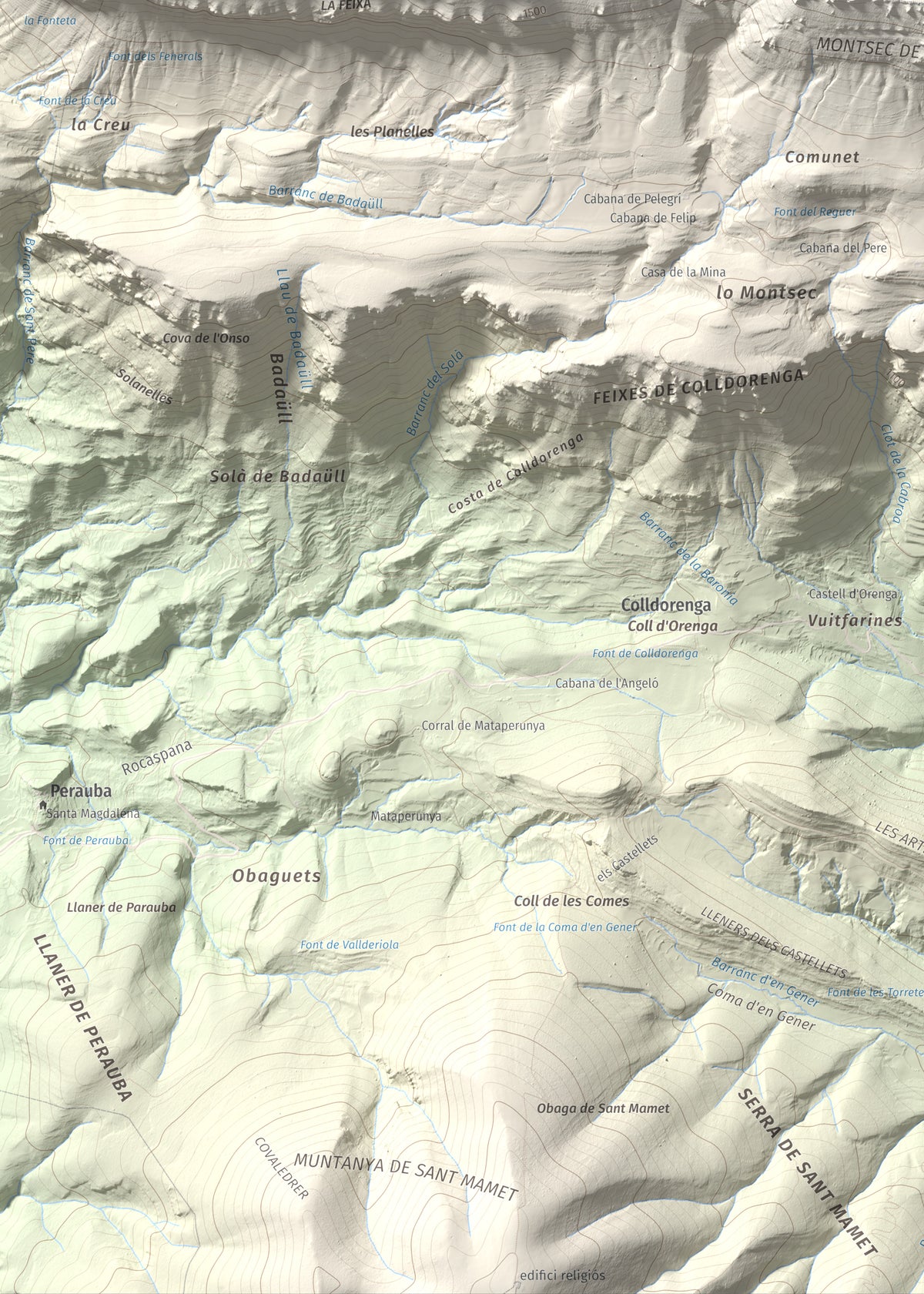 Mapa de relieve de Tossal de Mirapallars, 1672 m, Noguera · Pallars Jussà, lámina 100 Cims de Trobart. Detalle de la zona inferior izquierda. 50 × 70 cm.