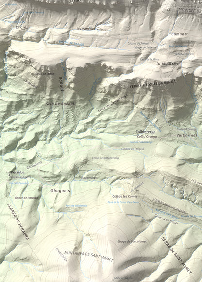 Mapa de relieve de Tossal de Mirapallars, 1672 m, Noguera · Pallars Jussà, lámina 100 Cims de Trobart. Detalle de la zona inferior izquierda. 50 × 70 cm.