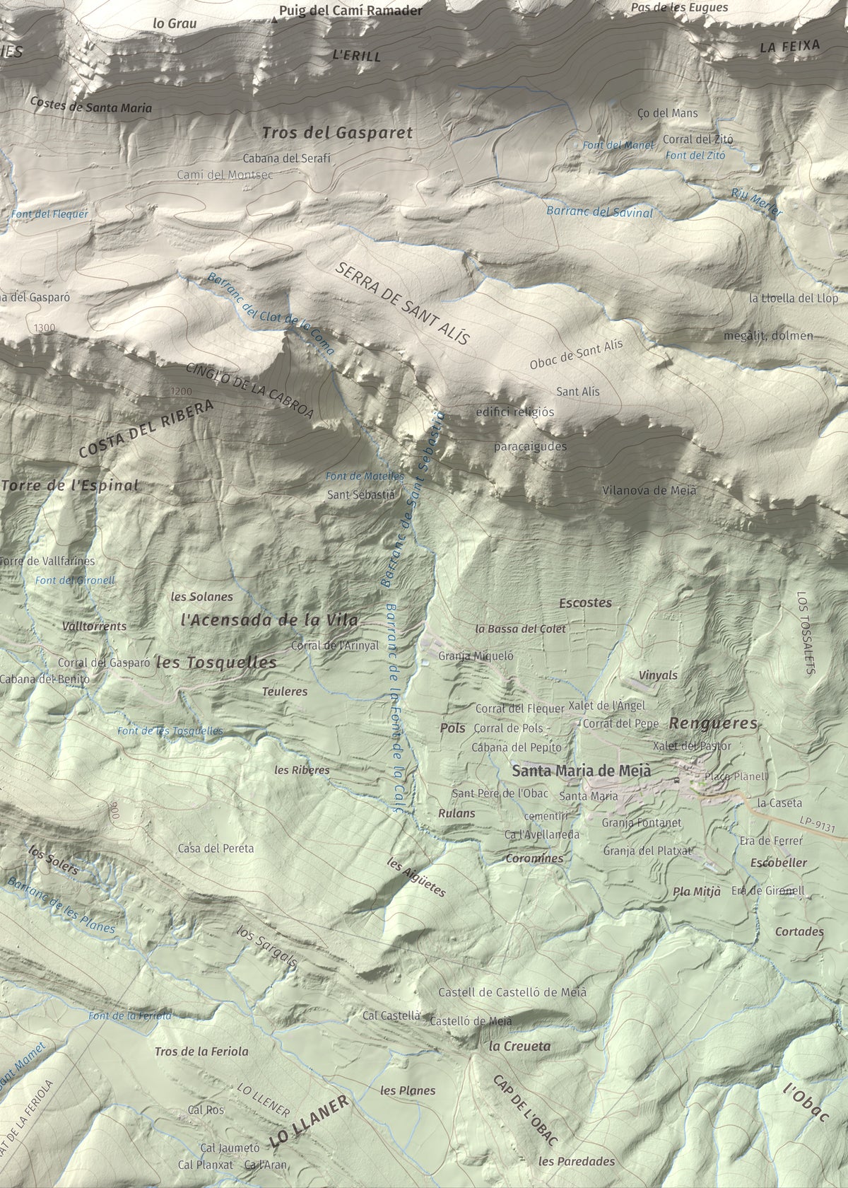 Mapa de relieve de Tossal de Mirapallars, 1672 m, Noguera · Pallars Jussà, lámina 100 Cims de Trobart. Detalle de la zona inferior derecha. 50 × 70 cm.
