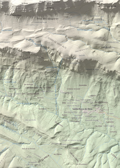 Mapa de relieve de Tossal de Mirapallars, 1672 m, Noguera · Pallars Jussà, lámina 100 Cims de Trobart. Detalle de la zona inferior derecha. 50 × 70 cm.