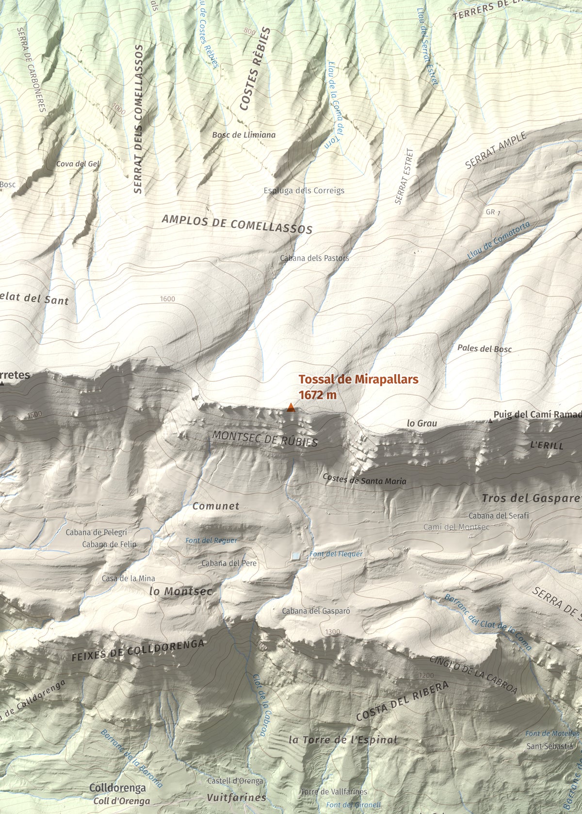 Mapa de relieve de Tossal de Mirapallars, 1672 m, Noguera · Pallars Jussà, lámina 100 Cims de Trobart. Detalle de la zona central. 50 × 70 cm.