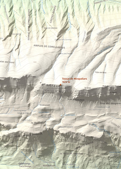 Mapa de relieve de Tossal de Mirapallars, 1672 m, Noguera · Pallars Jussà, lámina 100 Cims de Trobart. Detalle de la zona central. 50 × 70 cm.