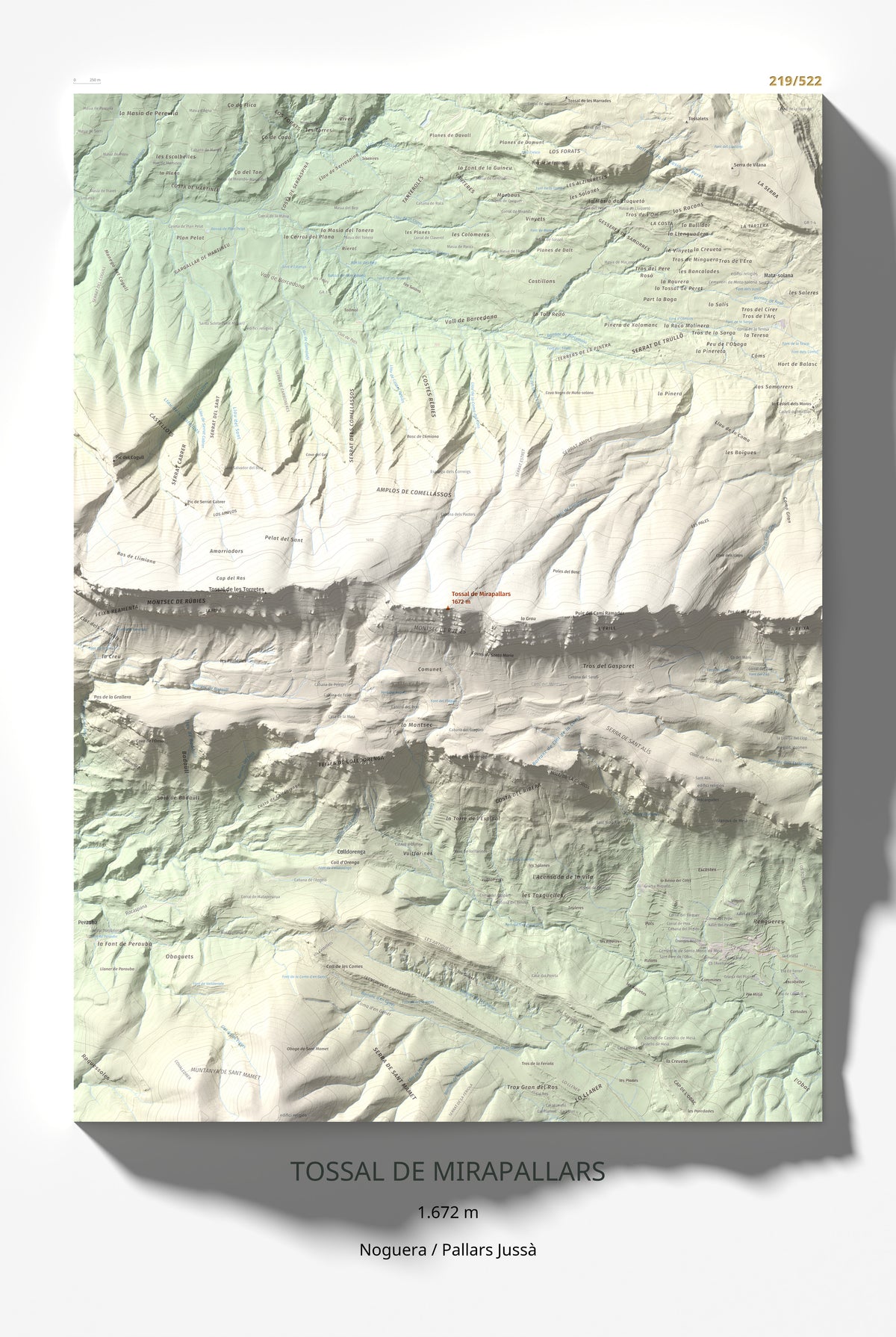 Mapa de relieve de Tossal de Mirapallars, 1672 m, Noguera · Pallars Jussà, lámina 100 Cims de Trobart 61 × 91 cm.
