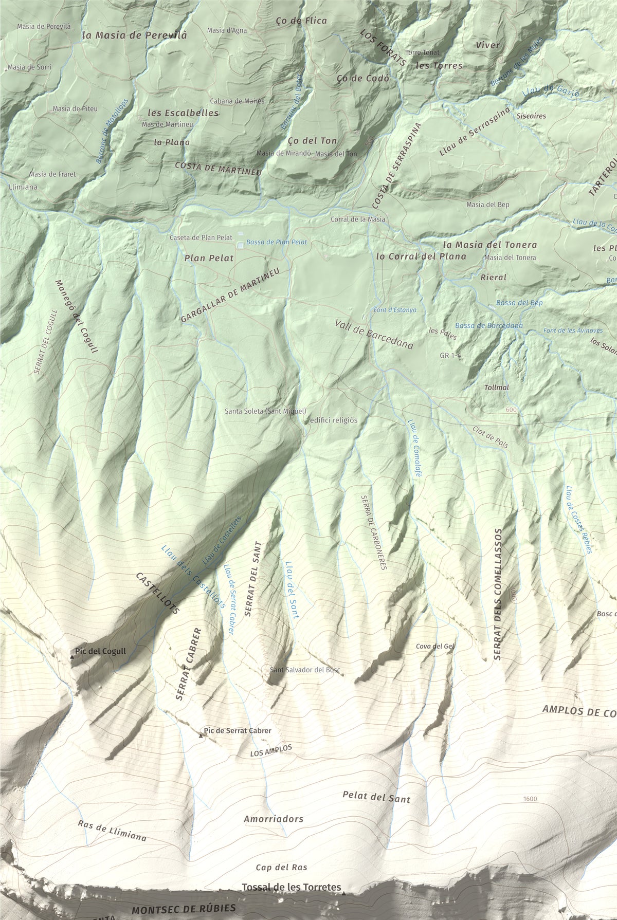 Mapa de relieve de Tossal de Mirapallars, 1672 m, Noguera · Pallars Jussà, lámina 100 Cims de Trobart. Detalle de la zona superior izquierda. 61 × 91 cm.