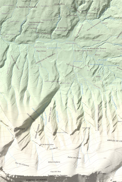 Mapa de relieve de Tossal de Mirapallars, 1672 m, Noguera · Pallars Jussà, lámina 100 Cims de Trobart. Detalle de la zona superior izquierda. 61 × 91 cm.