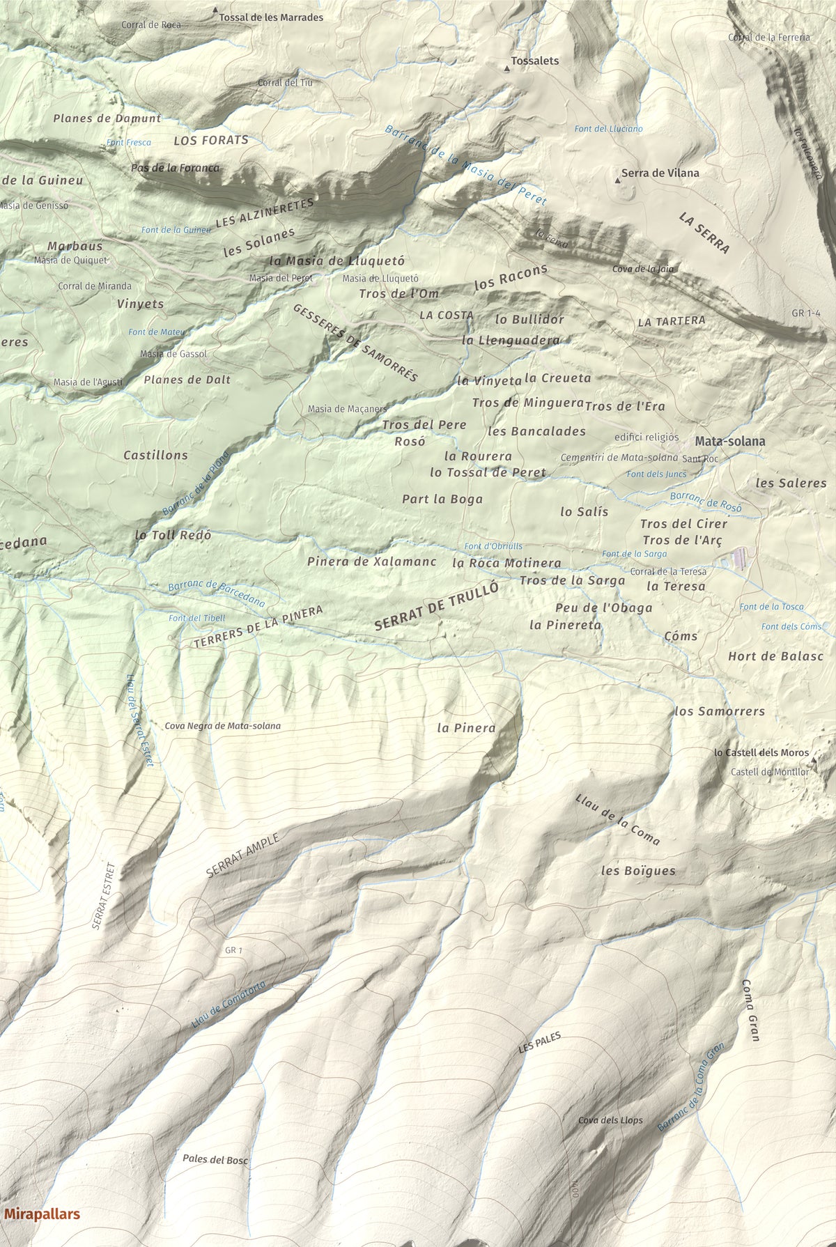 Mapa de relieve de Tossal de Mirapallars, 1672 m, Noguera · Pallars Jussà, lámina 100 Cims de Trobart. Detalle de la zona superior derecha. 61 × 91 cm.