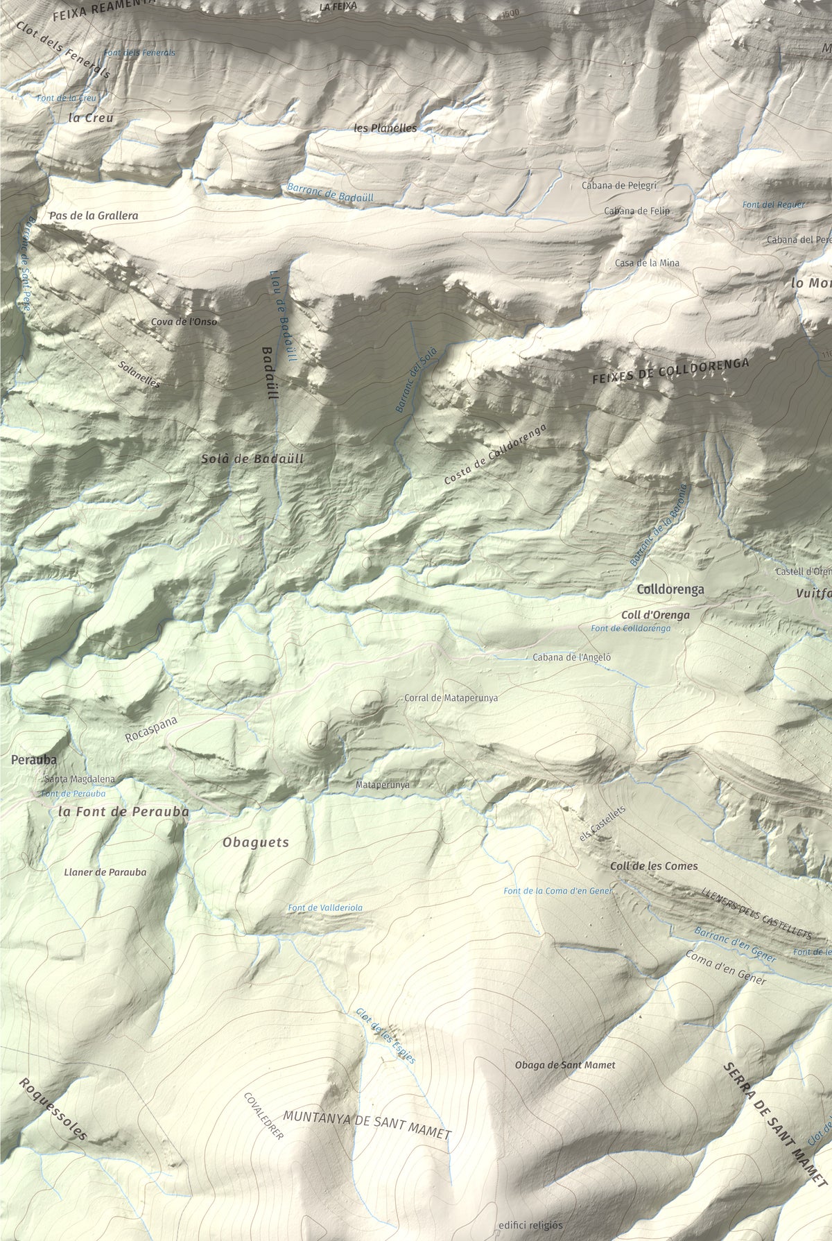 Mapa de relieve de Tossal de Mirapallars, 1672 m, Noguera · Pallars Jussà, lámina 100 Cims de Trobart. Detalle de la zona inferior izquierda. 61 × 91 cm.