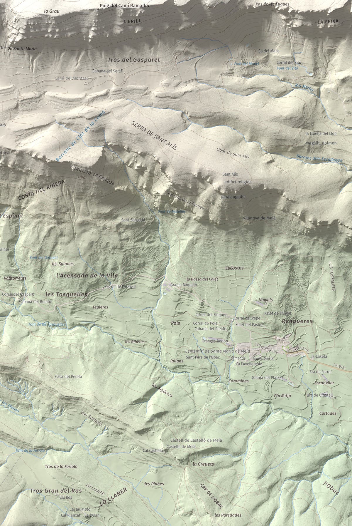 Mapa de relieve de Tossal de Mirapallars, 1672 m, Noguera · Pallars Jussà, lámina 100 Cims de Trobart. Detalle de la zona inferior derecha. 61 × 91 cm.