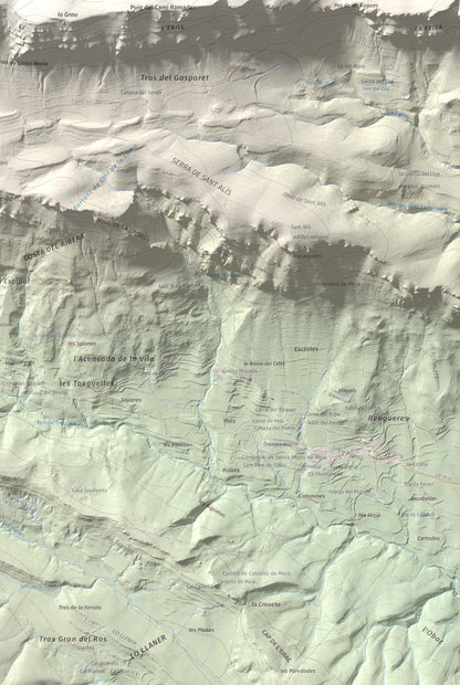 Mapa de relieve de Tossal de Mirapallars, 1672 m, Noguera · Pallars Jussà, lámina 100 Cims de Trobart. Detalle de la zona inferior derecha. 61 × 91 cm.