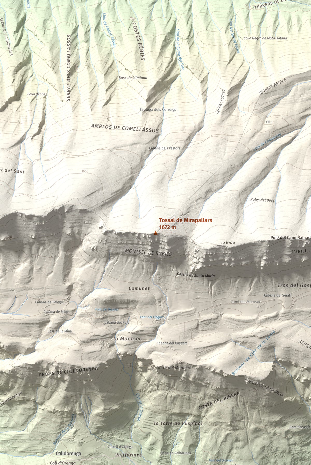 Mapa de relieve de Tossal de Mirapallars, 1672 m, Noguera · Pallars Jussà, lámina 100 Cims de Trobart. Detalle de la zona central. 61 × 91 cm.
