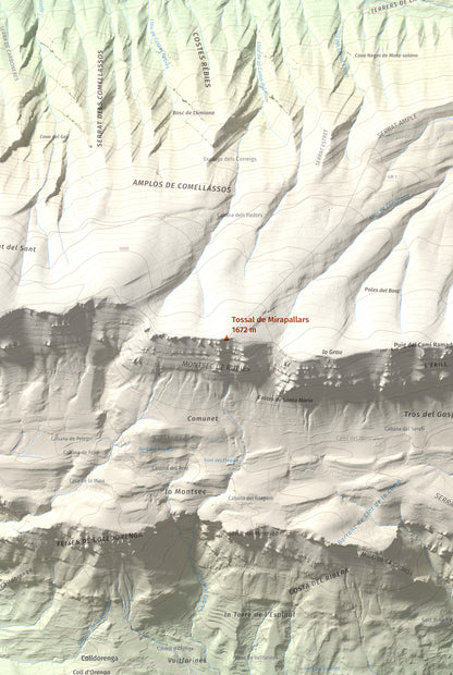 Mapa de relieve de Tossal de Mirapallars, 1672 m, Noguera · Pallars Jussà, lámina 100 Cims de Trobart. Detalle de la zona central. 61 × 91 cm.