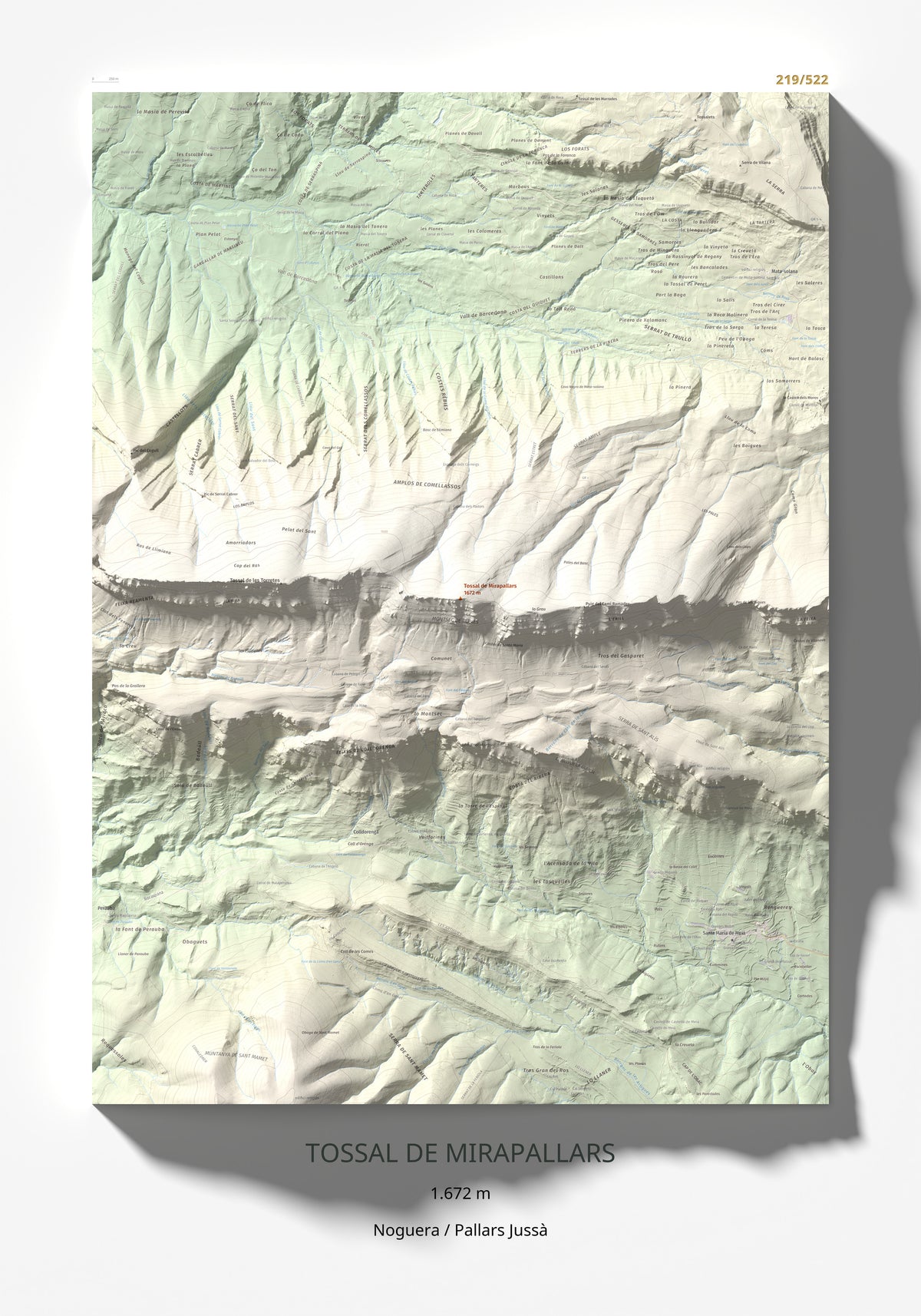 Mapa de relieve de Tossal de Mirapallars, 1672 m, Noguera · Pallars Jussà, lámina 100 Cims de Trobart 70 × 100 cm.