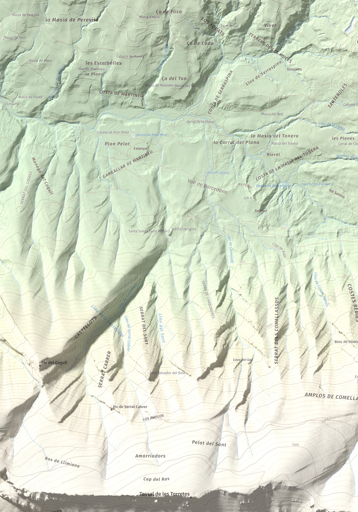 Mapa de relieve de Tossal de Mirapallars, 1672 m, Noguera · Pallars Jussà, lámina 100 Cims de Trobart. Detalle de la zona superior izquierda. 70 × 100 cm.