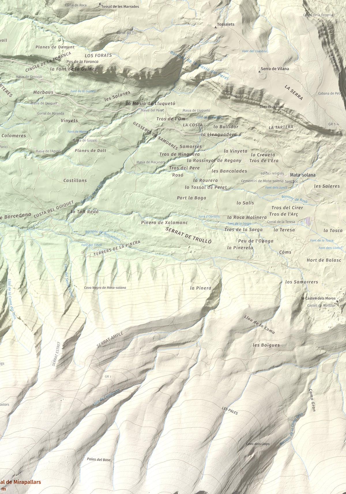 Mapa de relieve de Tossal de Mirapallars, 1672 m, Noguera · Pallars Jussà, lámina 100 Cims de Trobart. Detalle de la zona superior derecha. 70 × 100 cm.