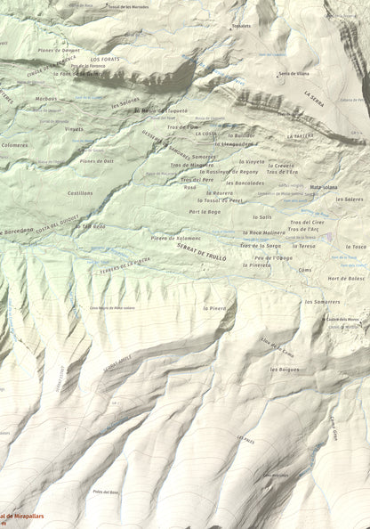 Mapa de relieve de Tossal de Mirapallars, 1672 m, Noguera · Pallars Jussà, lámina 100 Cims de Trobart. Detalle de la zona superior derecha. 70 × 100 cm.
