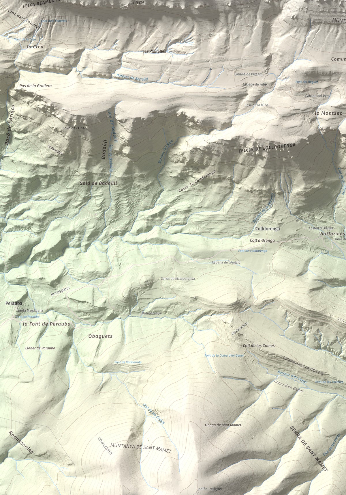 Mapa de relieve de Tossal de Mirapallars, 1672 m, Noguera · Pallars Jussà, lámina 100 Cims de Trobart. Detalle de la zona inferior izquierda. 70 × 100 cm.