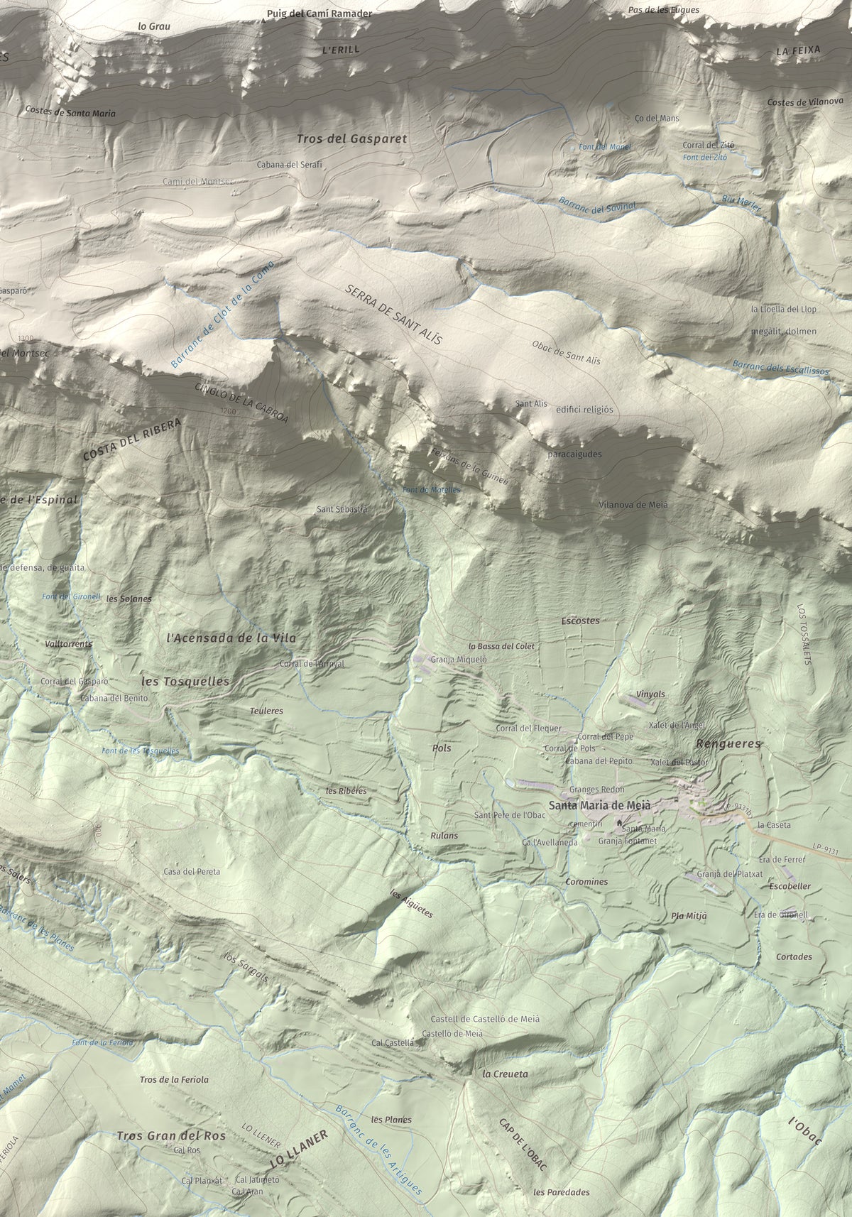 Mapa de relieve de Tossal de Mirapallars, 1672 m, Noguera · Pallars Jussà, lámina 100 Cims de Trobart. Detalle de la zona inferior derecha. 70 × 100 cm.