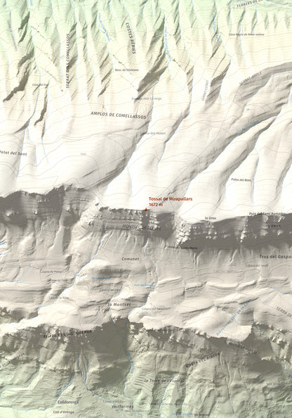Mapa de relieve de Tossal de Mirapallars, 1672 m, Noguera · Pallars Jussà, lámina 100 Cims de Trobart. Detalle de la zona central. 70 × 100 cm.