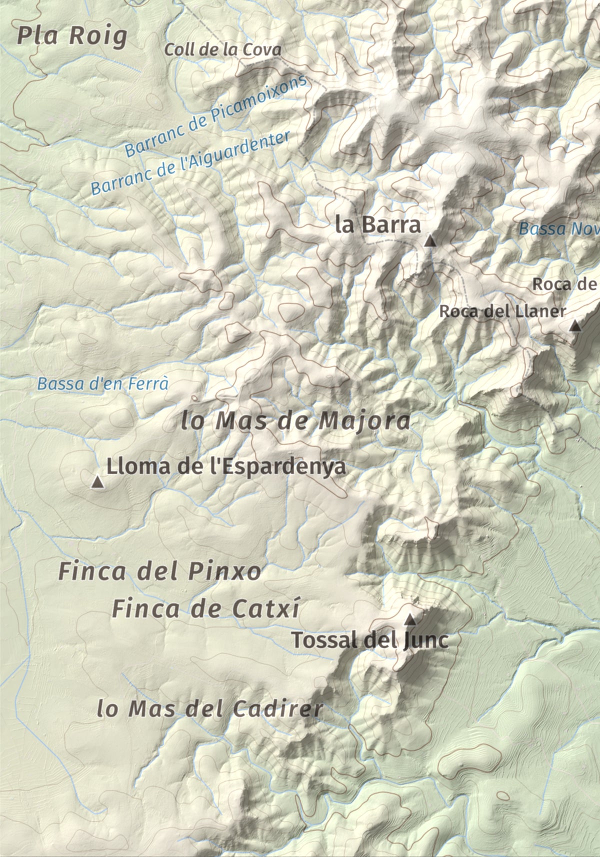 Mapa de relieve de Tossal de Montagut, 394 m, Baix Ebre · Ribera d'Ebre, lámina 100 Cims de Trobart. Detalle de la zona inferior izquierda. 21 × 30 cm.