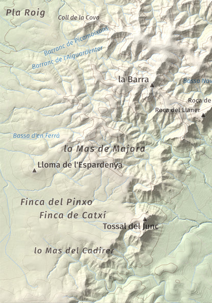 Mapa de relieve de Tossal de Montagut, 394 m, Baix Ebre · Ribera d'Ebre, lámina 100 Cims de Trobart. Detalle de la zona inferior izquierda. 21 × 30 cm.