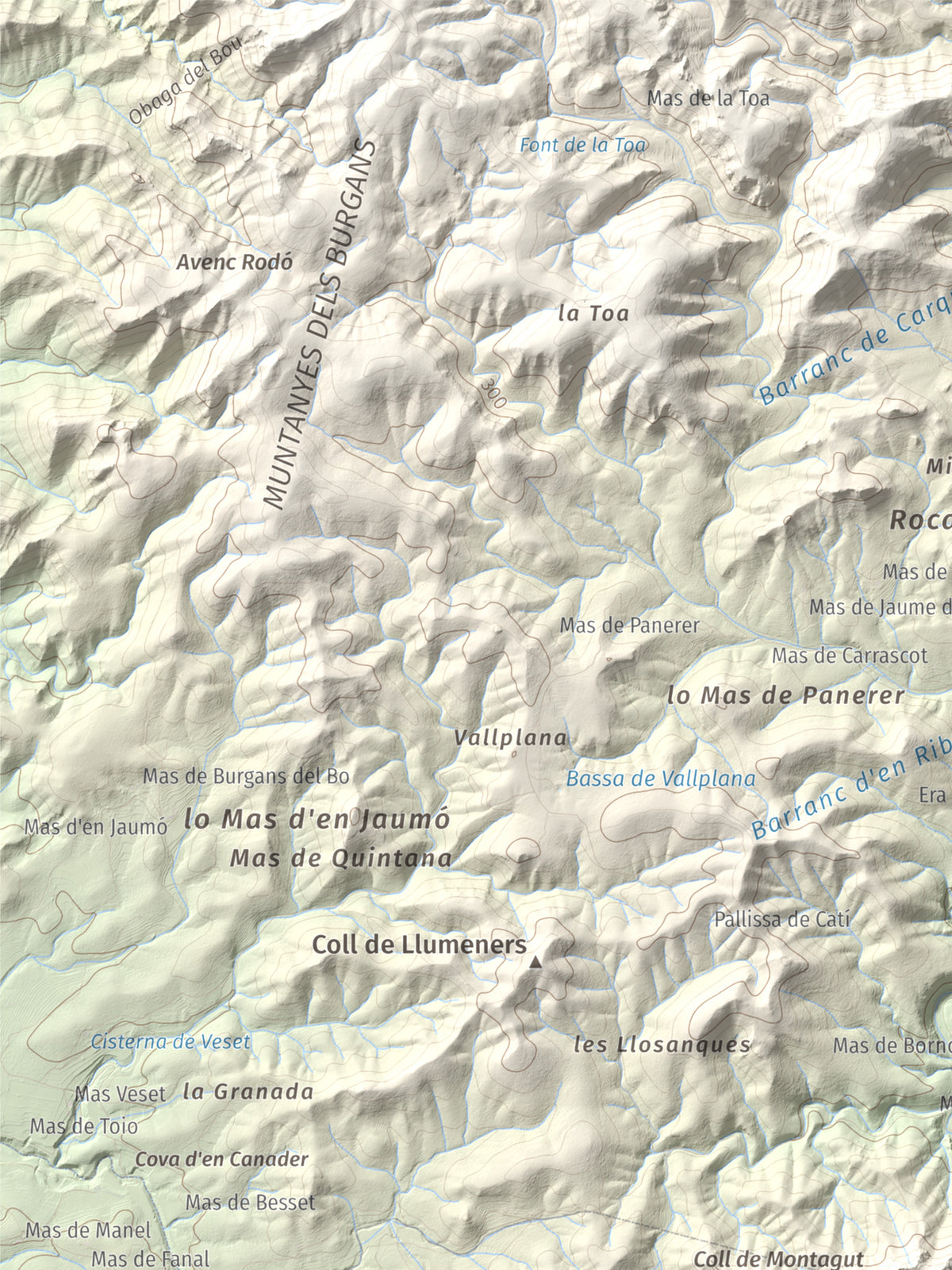 Mapa de relieve de Tossal de Montagut, 394 m, Baix Ebre · Ribera d'Ebre, lámina 100 Cims de Trobart. Detalle de la zona superior izquierda. 30 × 40 cm.