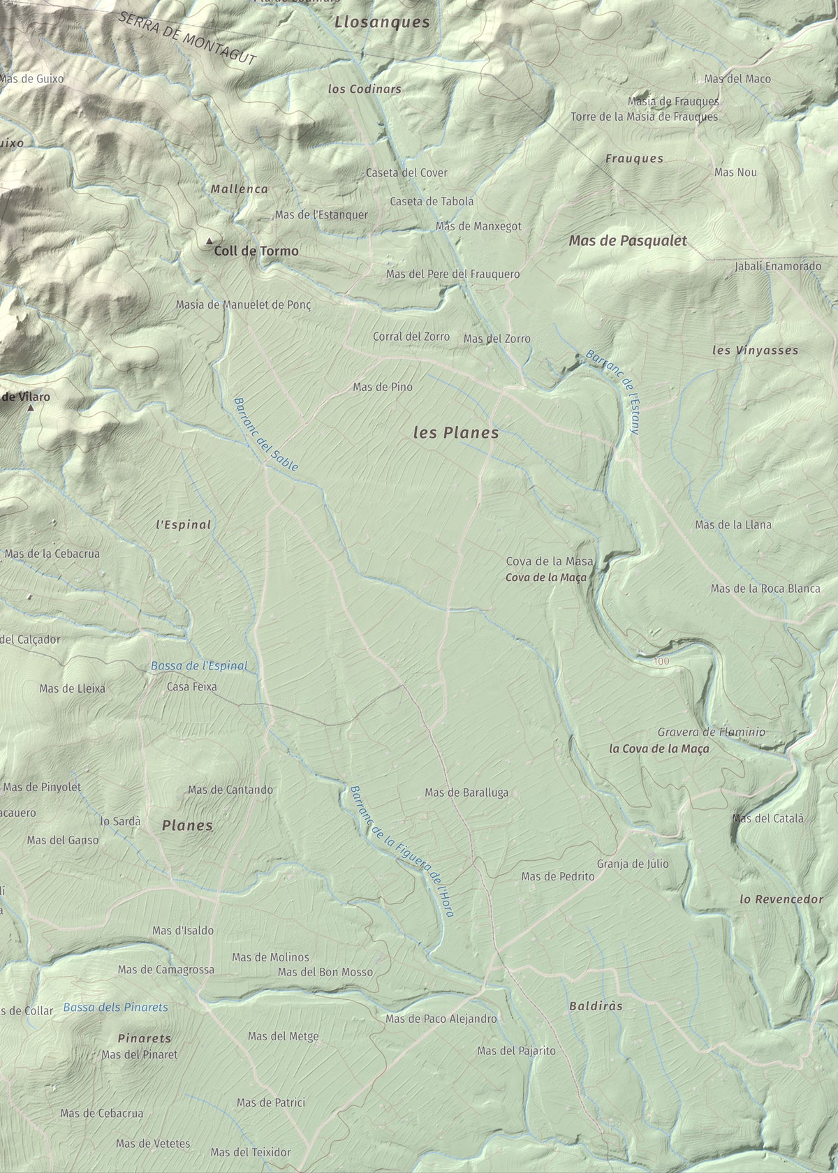 Mapa de relieve de Tossal de Montagut, 394 m, Baix Ebre · Ribera d'Ebre, lámina 100 Cims de Trobart. Detalle de la zona inferior derecha. 50 × 70 cm.