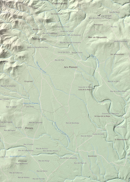 Mapa de relieve de Tossal de Montagut, 394 m, Baix Ebre · Ribera d'Ebre, lámina 100 Cims de Trobart. Detalle de la zona inferior derecha. 50 × 70 cm.