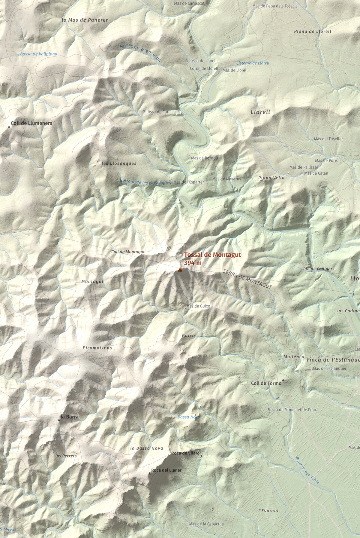 Mapa de relieve de Tossal de Montagut, 394 m, Baix Ebre · Ribera d'Ebre, lámina 100 Cims de Trobart. Detalle de la zona central. 61 × 91 cm.
