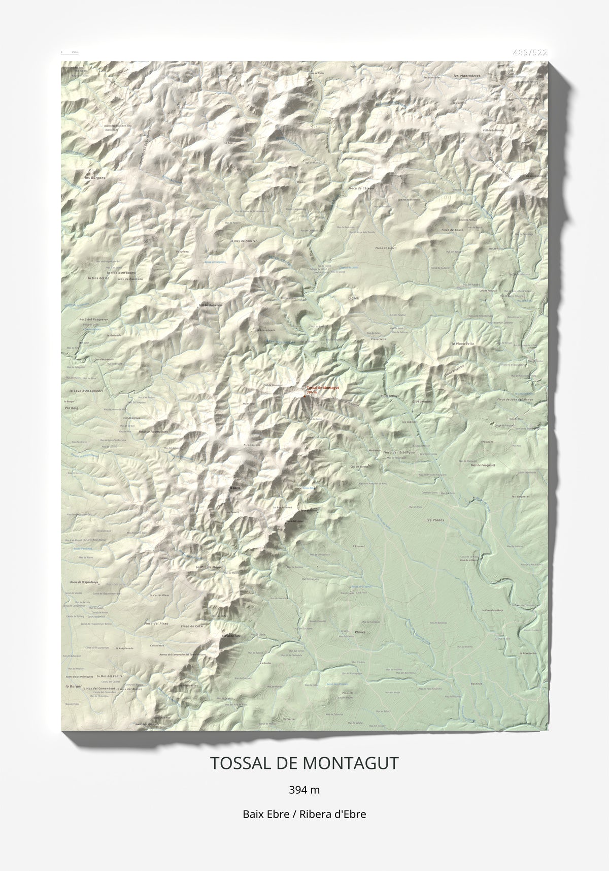 Mapa de relieve de Tossal de Montagut, 394 m, Baix Ebre · Ribera d'Ebre, lámina 100 Cims de Trobart 70 × 100 cm.