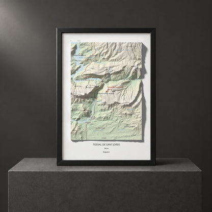 Mapa de relieve de Tossal de Sant Jordi, 740 m, Noguera, lámina 100 Cims de Trobart. Presentación enmarcada. 21 × 30 cm.