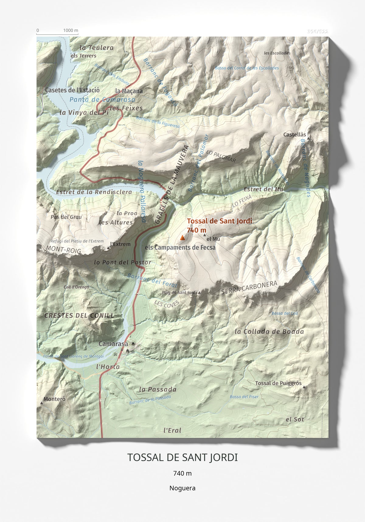 Mapa de relieve de Tossal de Sant Jordi, 740 m, Noguera, lámina 100 Cims de Trobart 21 × 30 cm.