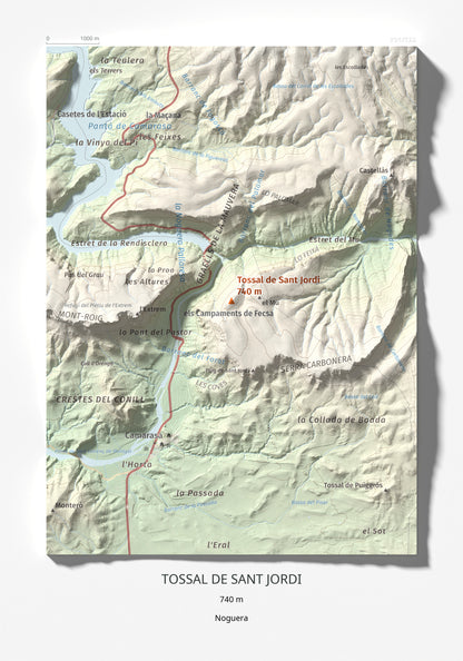 Mapa de relieve de Tossal de Sant Jordi, 740 m, Noguera, lámina 100 Cims de Trobart 21 × 30 cm.