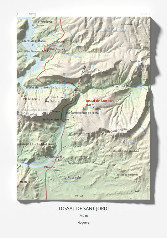Mapa de relieve de Tossal de Sant Jordi, 740 m, Noguera, lámina 100 Cims de Trobart 21 × 30 cm.