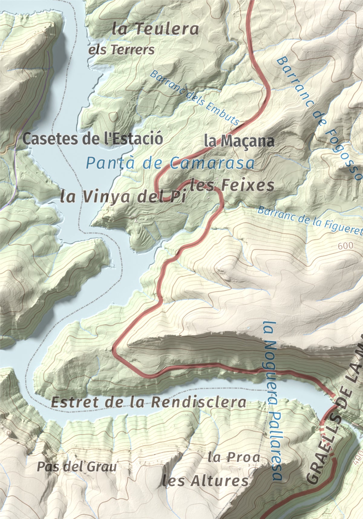 Mapa de relieve de Tossal de Sant Jordi, 740 m, Noguera, lámina 100 Cims de Trobart. Detalle de la zona superior izquierda. 21 × 30 cm.