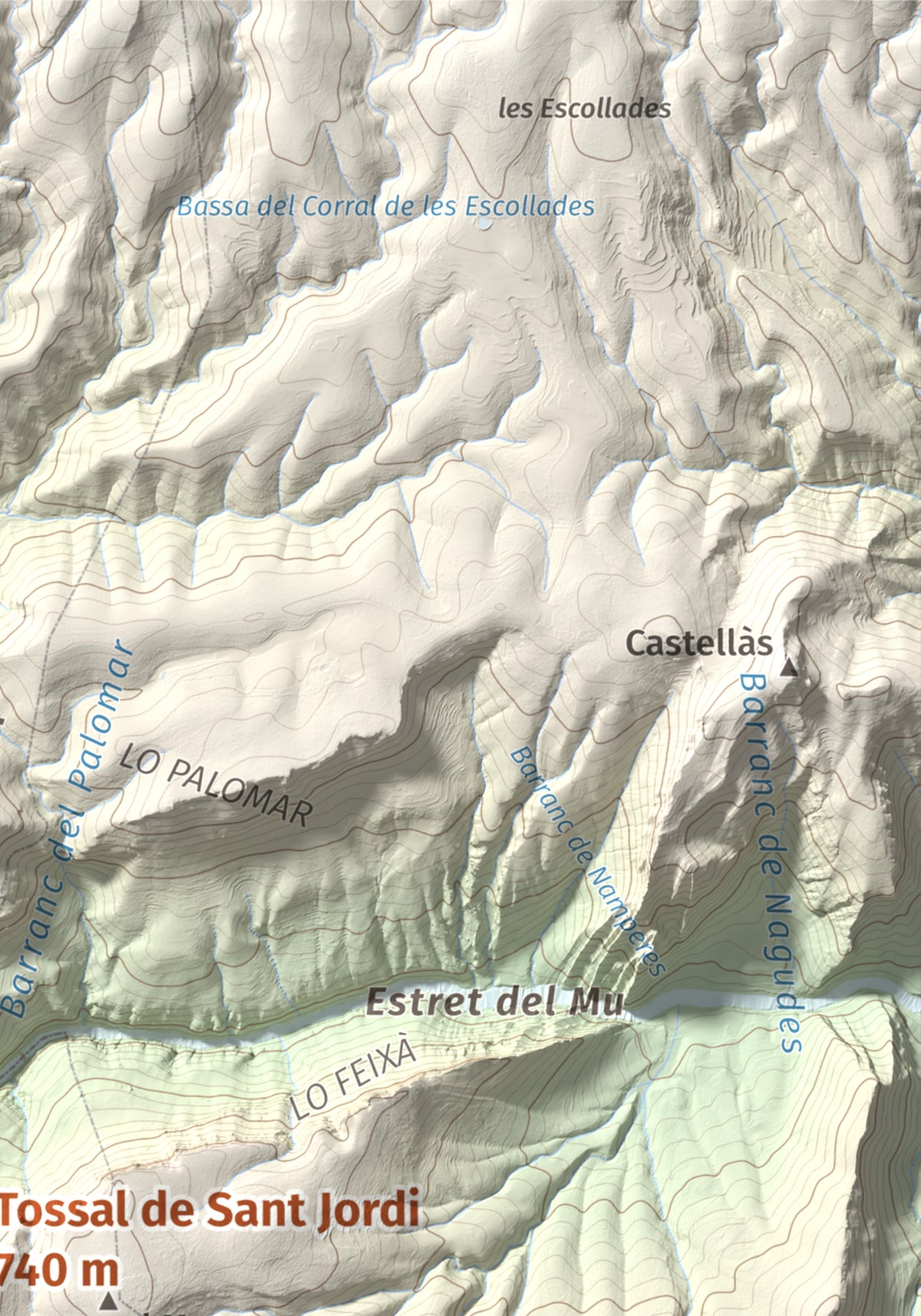 Mapa de relieve de Tossal de Sant Jordi, 740 m, Noguera, lámina 100 Cims de Trobart. Detalle de la zona superior derecha. 21 × 30 cm.