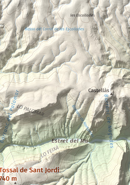Mapa de relieve de Tossal de Sant Jordi, 740 m, Noguera, lámina 100 Cims de Trobart. Detalle de la zona superior derecha. 21 × 30 cm.