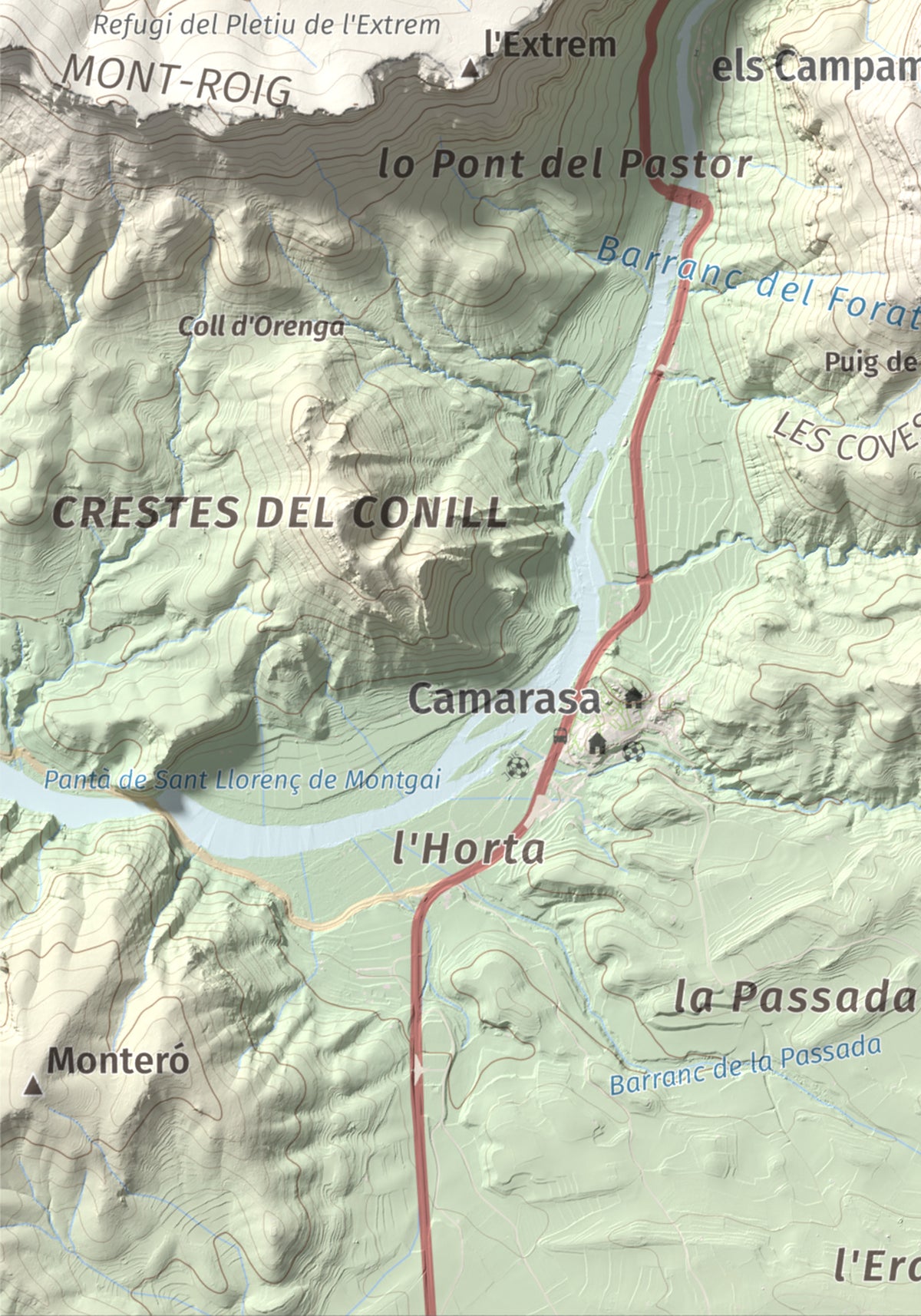 Mapa de relieve de Tossal de Sant Jordi, 740 m, Noguera, lámina 100 Cims de Trobart. Detalle de la zona inferior izquierda. 21 × 30 cm.
