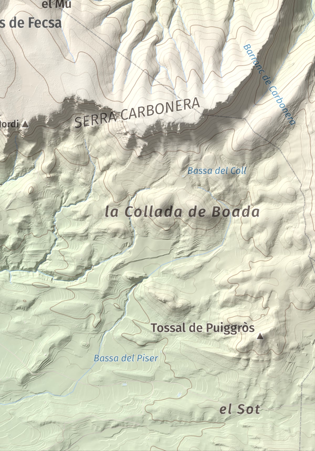 Mapa de relieve de Tossal de Sant Jordi, 740 m, Noguera, lámina 100 Cims de Trobart. Detalle de la zona inferior derecha. 21 × 30 cm.