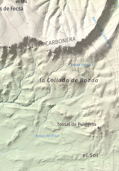 Mapa de relieve de Tossal de Sant Jordi, 740 m, Noguera, lámina 100 Cims de Trobart. Detalle de la zona inferior derecha. 21 × 30 cm.